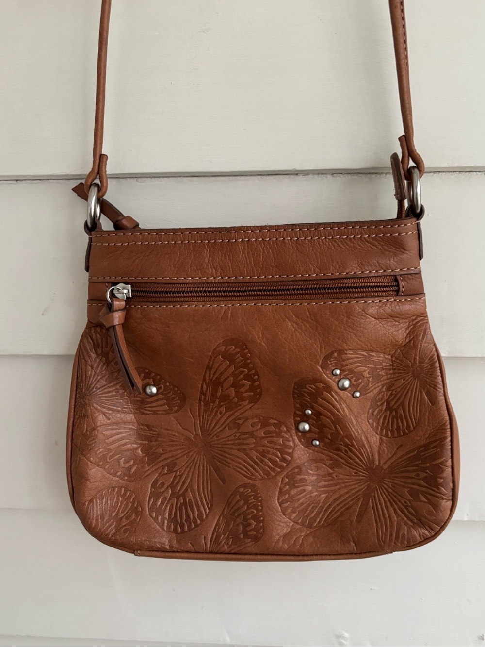Fossil Vintage Y2K Brown Leather Butterfly Embossed Crossbody Bag